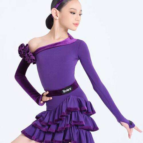 WAVE未午少儿拉丁舞秋冬儿童唐顿庄园套装紫色蛋糕露肩花朵女童