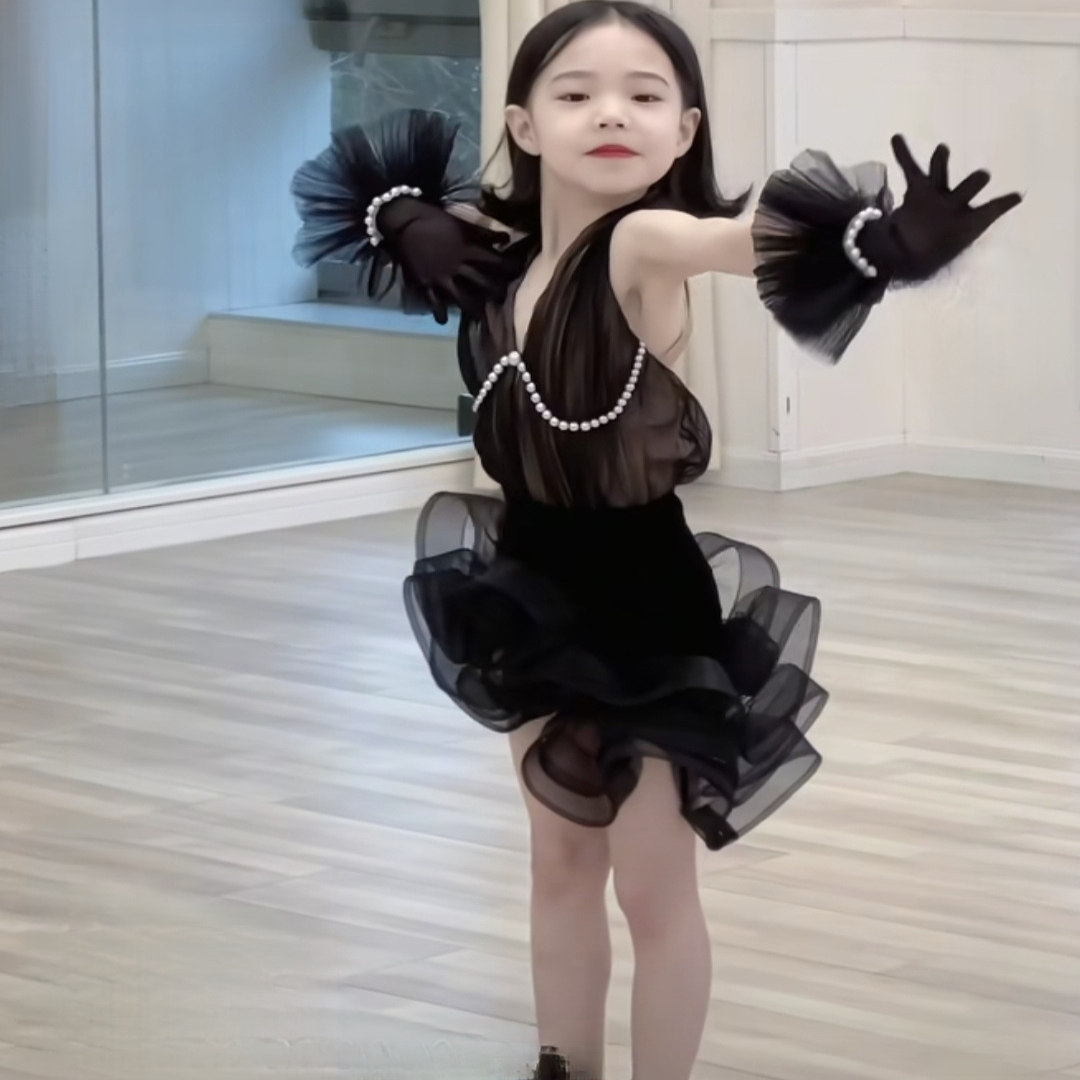 星新舞服拉丁舞练习服典雅珍珠花边裙摆显气质女童成人高级感