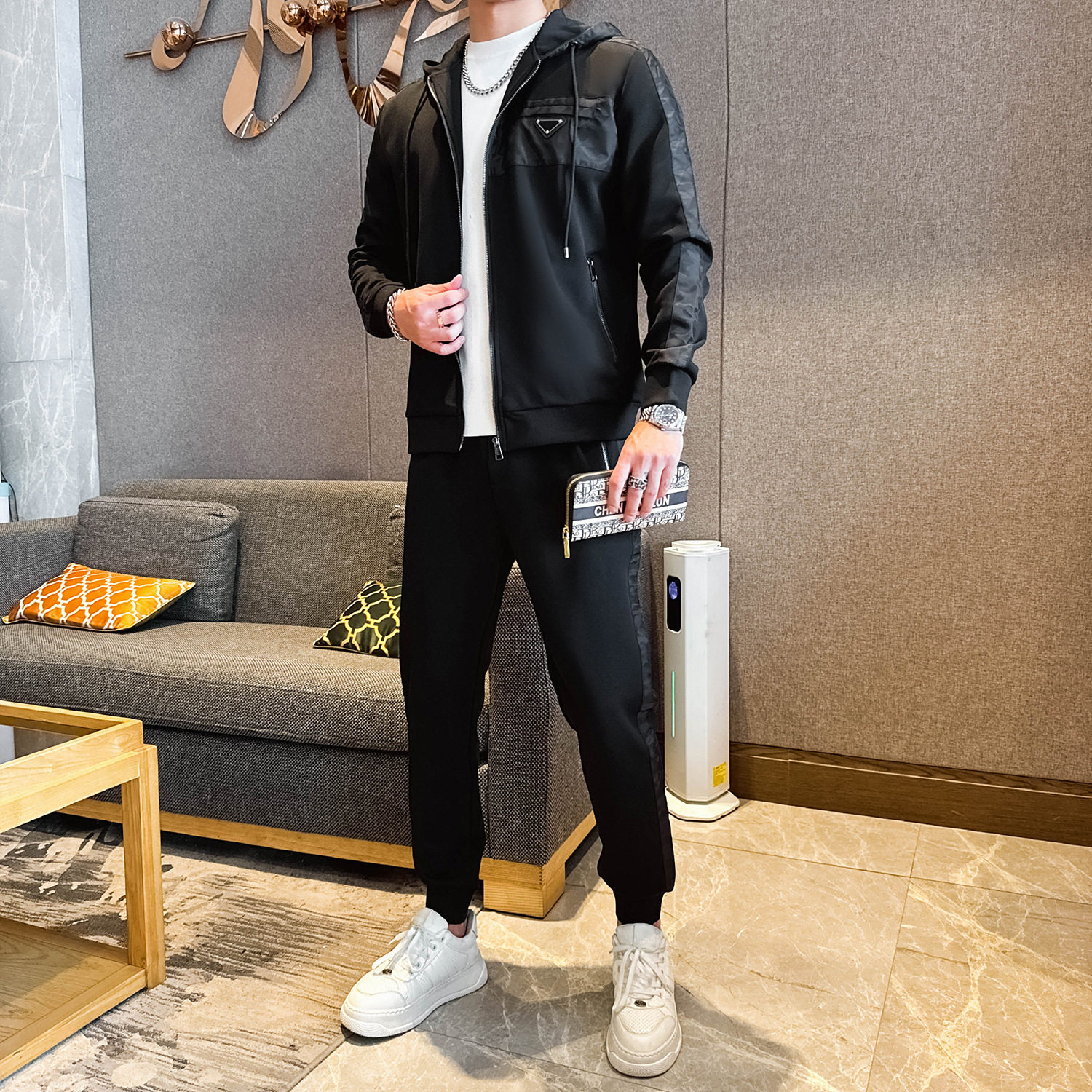 休闲套装秋冬季新款宽松运动开衫时尚韩版男士外套搭配卫裤两件套