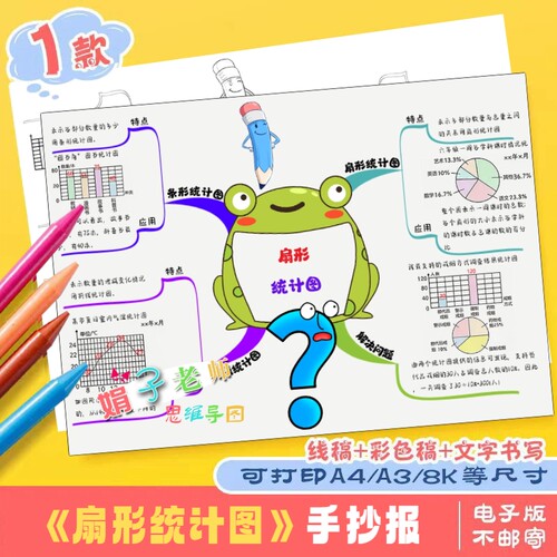 小学数学扇形统计图手绘思维导图线稿手抄报模版儿童画可打印A3A4