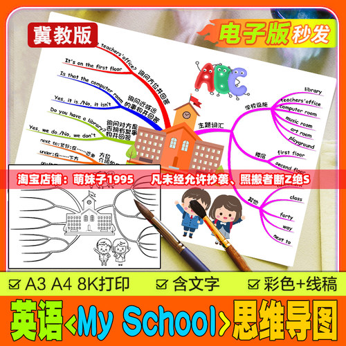 My School手抄报思维导图线稿模板人教PEP英语四年级下册第一单元