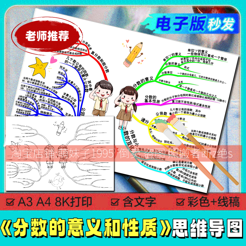 空白半成品小学数学分数的意义和性质手绘思维导图线稿素材手抄报