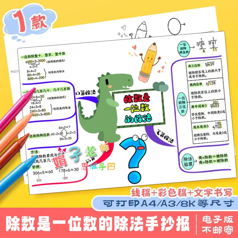 除数是一位数的除法手绘思维导图设计素材/源文件