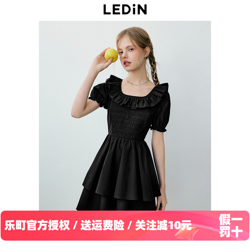 乐町甜美荷叶边领连衣裙秋季新款俏皮少女显瘦收腰双层蛋糕裙