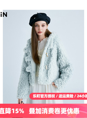 【商场同款】乐町2025秋季新款蓝色连帽短款厚毛毛外套C1AEF1214