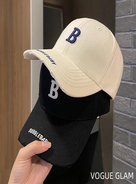 B字母棒球帽女2024新款硬顶鸭舌帽子男大头围显脸小防晒遮阳帽潮