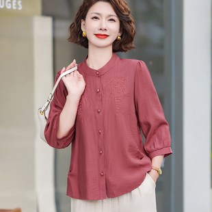 中年妈妈夏装洋气长袖衬衫贵夫人高端上衣中老年人女春夏小衫套装