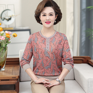 长袖 中老年人奶奶秋季 妈妈秋装 T恤圆领打底衫 上衣 薄款 针织T恤衫