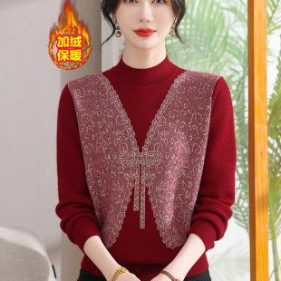 加绒保暖毛衣中老年女冬季 加厚针织打底衫 内搭上衣 新款 妈妈秋冬装