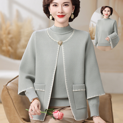 春秋新款上衣洋气妈妈装开衫套装