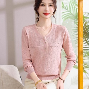 妈妈上衣春季新款贵夫人气质针织小衫中老年女春秋薄款长袖打底衫