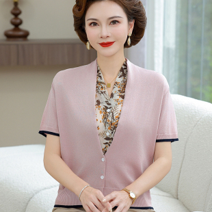 针织短袖 2025新款 上衣薄假两件中老年女装 T恤衫 时尚 洋气妈妈夏装