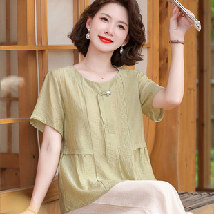 中年妈妈夏装棉麻短袖T恤2025新款中老年女夏季贵夫人上衣两件套
