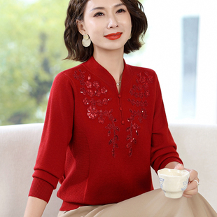 洋气妈妈装春秋V领针织红色宽松毛衣中年秋季新款本命年女装上衣