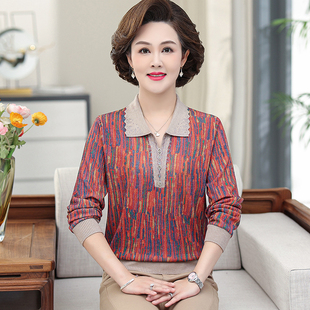 翻领上衣中老年女大码 妈妈装 毛衣春秋季 50岁长袖 洋气薄T恤 打底衫