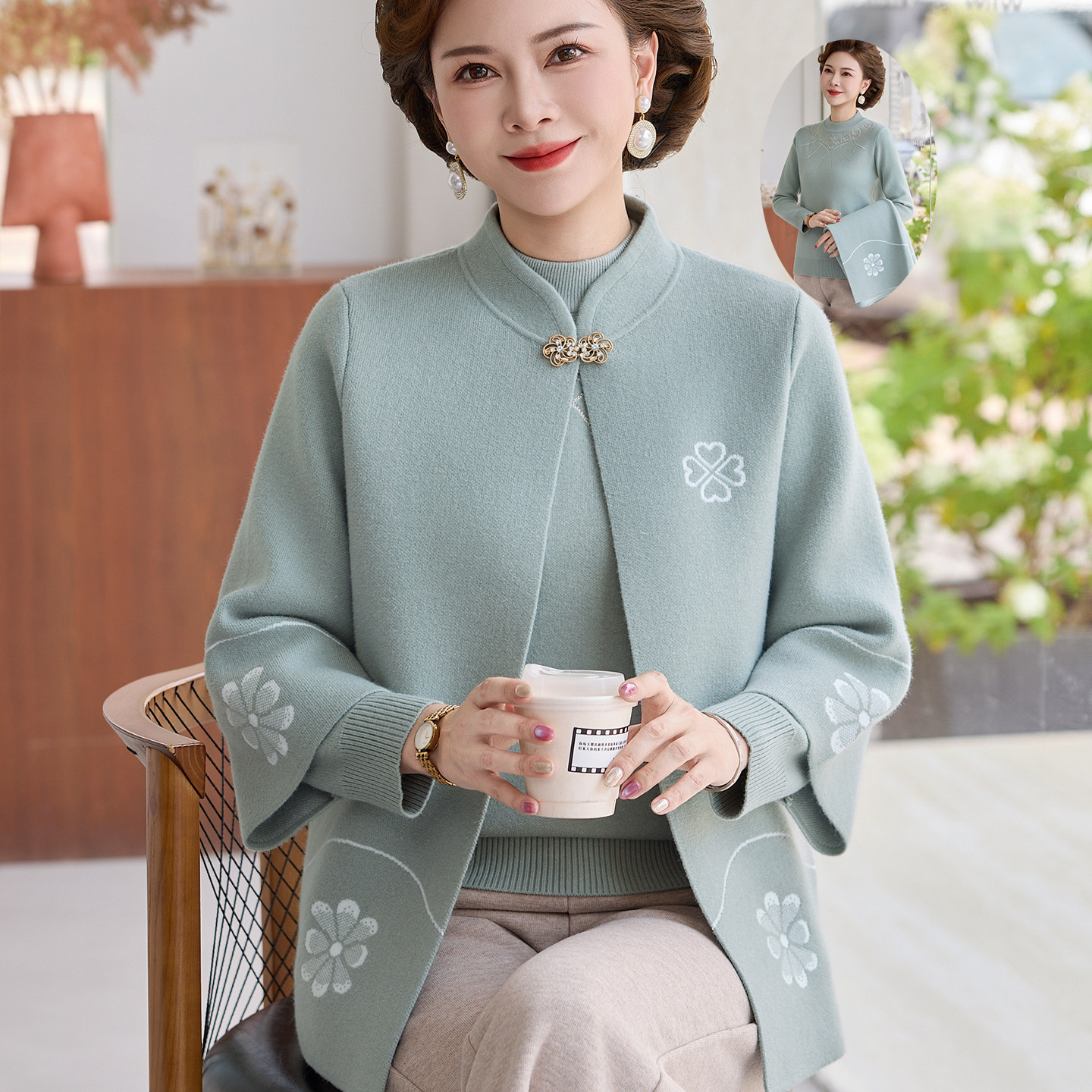 2026新款国风妈妈秋装针织开衫套装中老年女装新中式奶奶秋冬外套