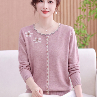 妈妈装圆领针织衫女春秋冬宽松薄款显瘦软糯低领毛衣中老年打底衫