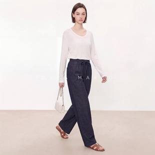 垂顺休闲裤 女透气装 女 汉麻混纺肌理松紧腰抽绳阔腿裤 Row老钱风