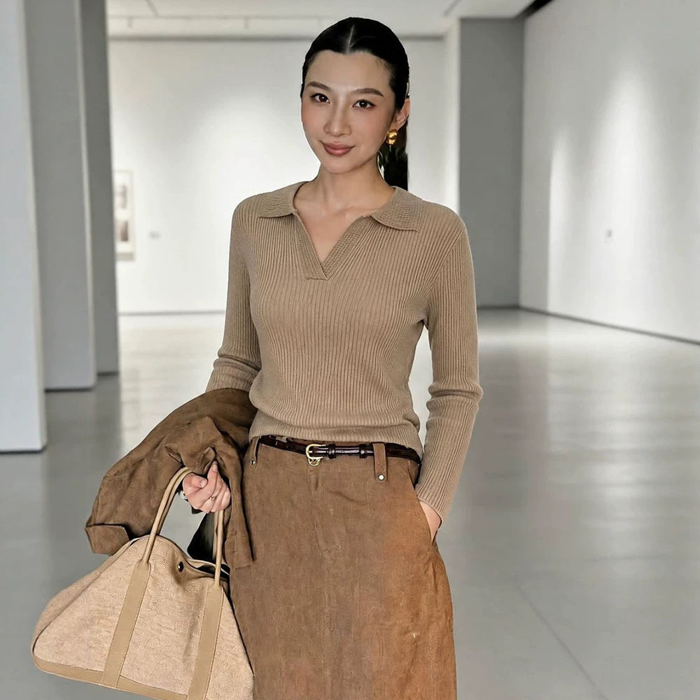 老钱风POLO领修身羊毛针织衫女内搭翻领毛衣2026秋季新款女装上衣