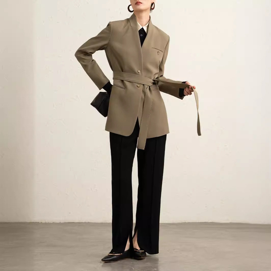 轻奢感~小立领高定款小西装中长款手工系带西服白色外套女春