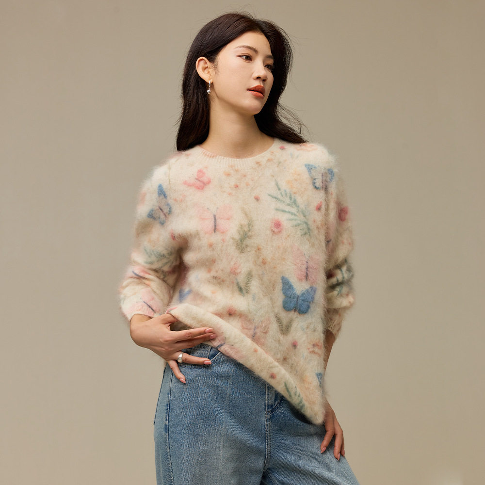 桑蚕丝羊绒拉毛毛衣女印染刺绣蝴蝶针织衫早秋新款女装内搭羊毛衫