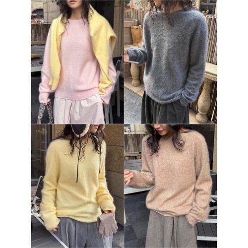 卢浮早春新款韩系简约慵懒感莼色圆领羊毛羊绒毛衣软糯宽松上衣女