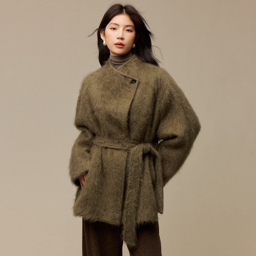 山羊绒拉毛羊毛大衣女中长款毛呢外套韩系慵懒风收腰外套系带皮草