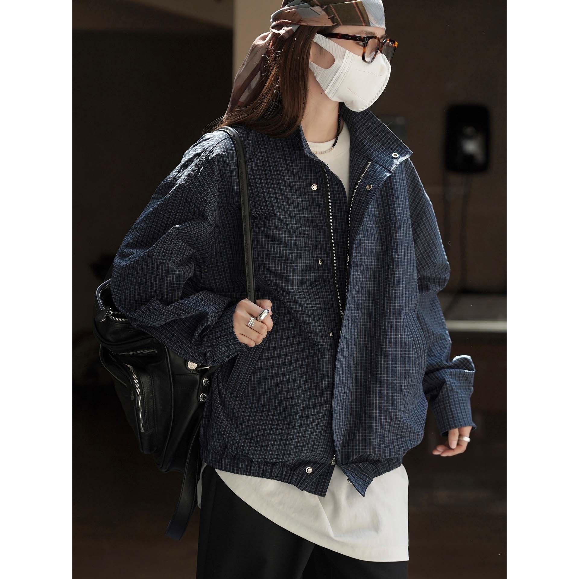 叙漫秋季新款韩系复古酷飒拼接格纹立领夹克立体廓形显瘦外套女