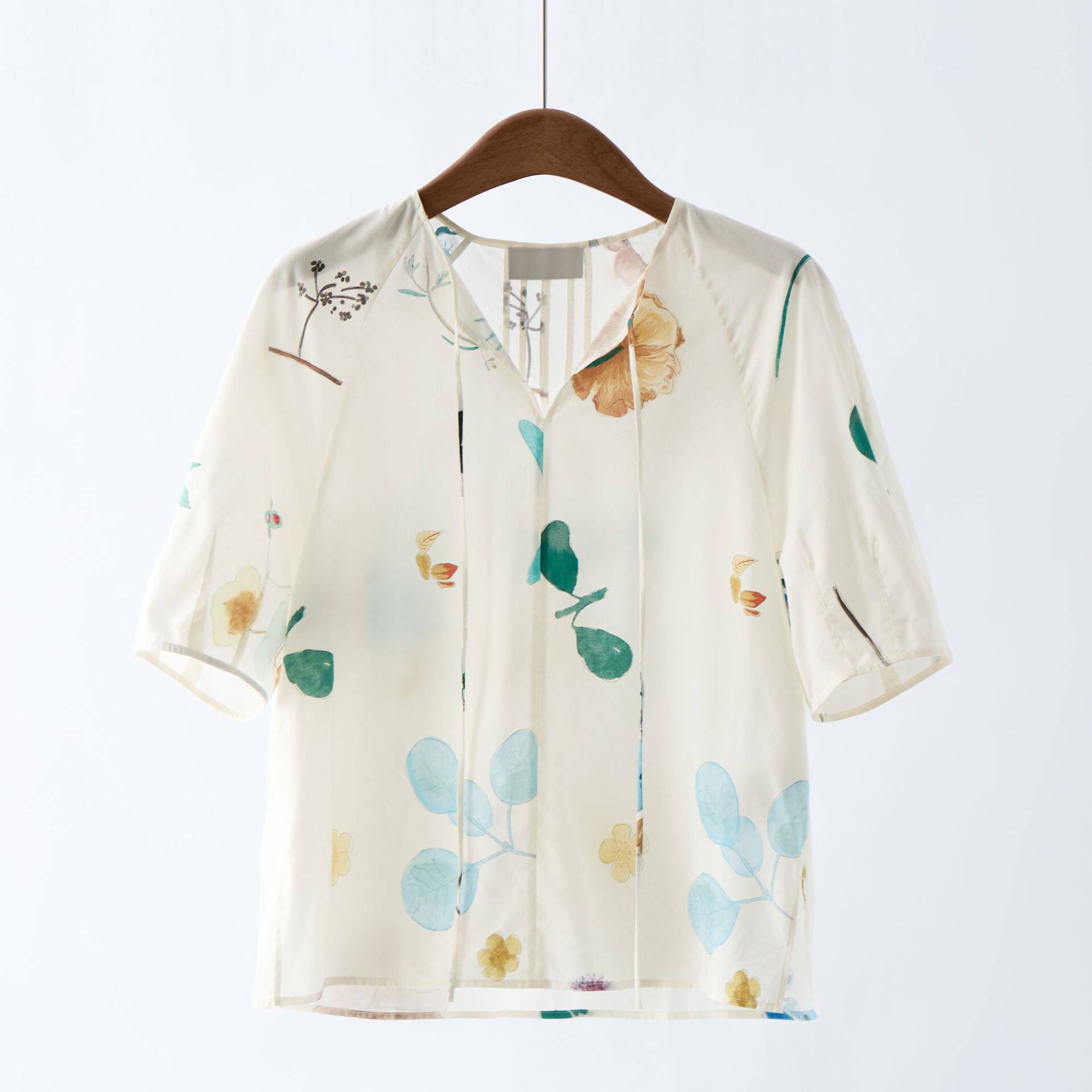 元厂料！桑蚕丝+棉！度假风水彩印花系带衬衫25年夏季新品