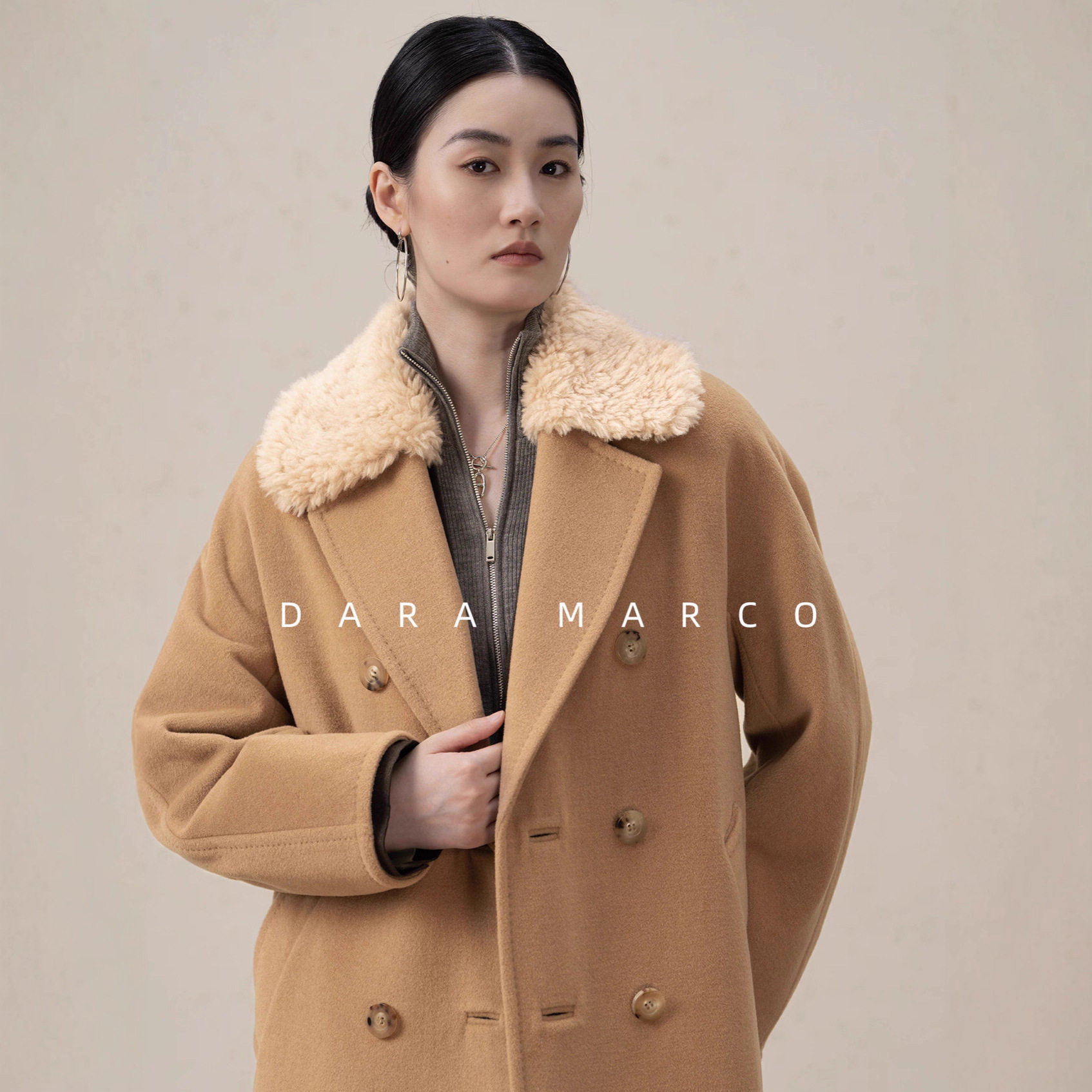 M家经碘毛领山羊绒长款毛呢大衣女秋冬801PLUS版双排扣茧型外套