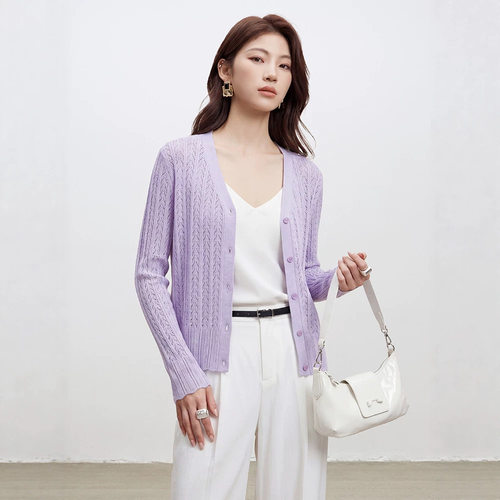 澳洲羊毛镂空V领针织开衫2026新款女装百搭纯色外套女春秋薄上衣