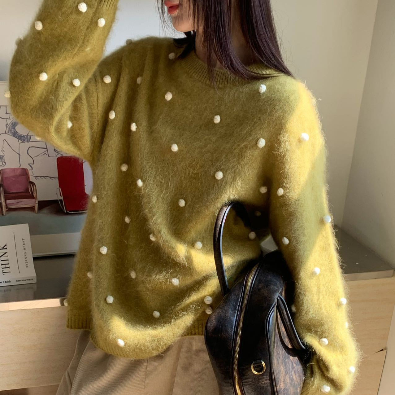 感丝羊绒拉毛毛衣女秋冬新款女装撞色球球宽松羊毛针织衫上衣