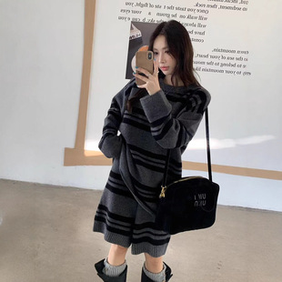 韩系100羊毛毛衣女秋冬条纹针织衫短裤两件套25新款女装时尚套装