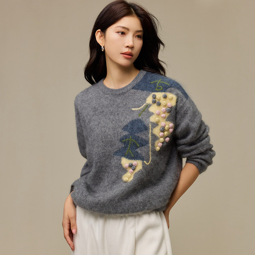 重工刺绣含羊绒拉毛毛衣女厚款圆领提花针织衫早秋新款内搭羊毛衫