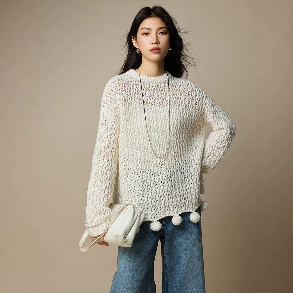 感100%羊毛衫镂空钩花针织衫女早秋微透罩衫2026女装新款上衣