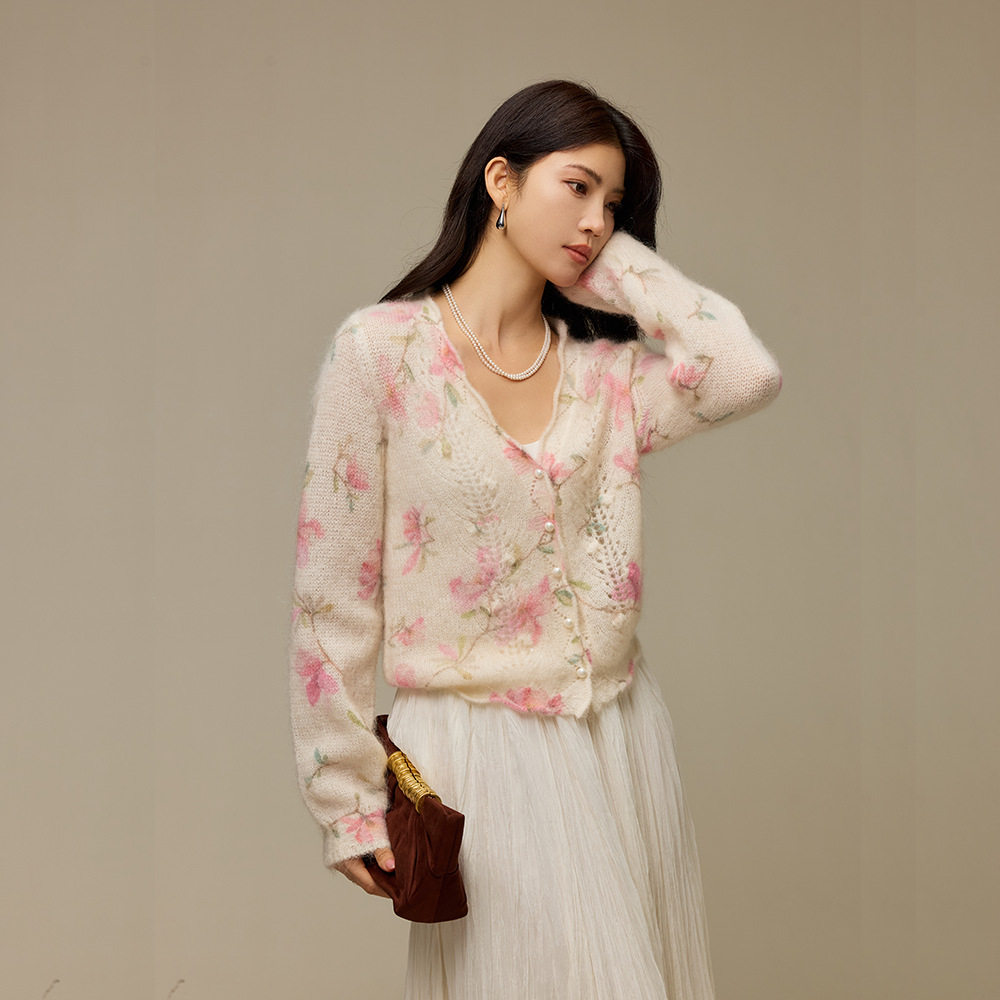 【桃花朵朵】马海毛毛衣女外套26秋季女装波浪边碎花V领针织开衫