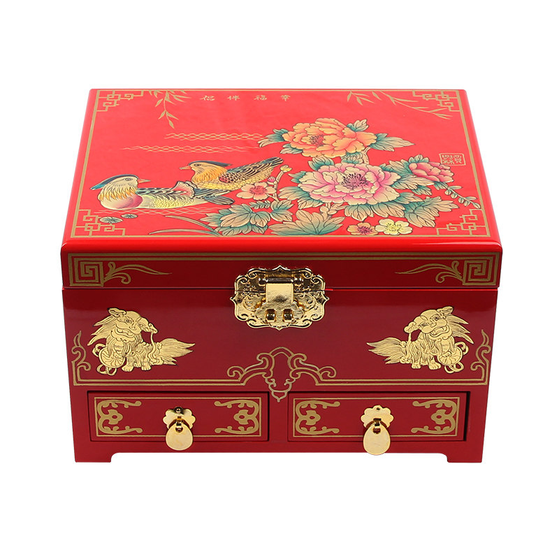 紫艺堂贾兴林先生作品手工平遥推光漆器鸳鸯戏水红色首饰盒结婚