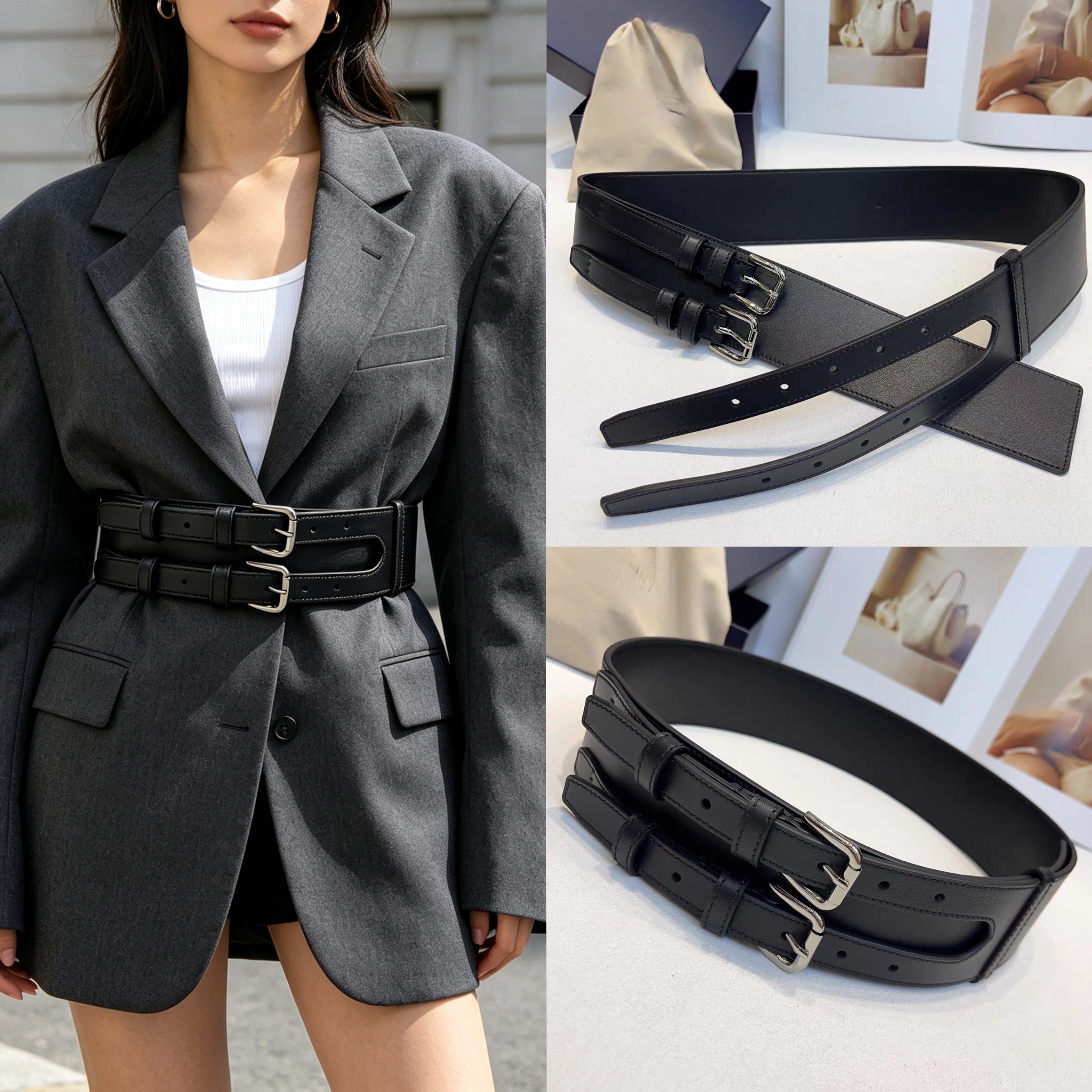 女士双扣宽腰封 百搭收腰皮带配西装连衣裙大衣装饰黑色宽腰带女