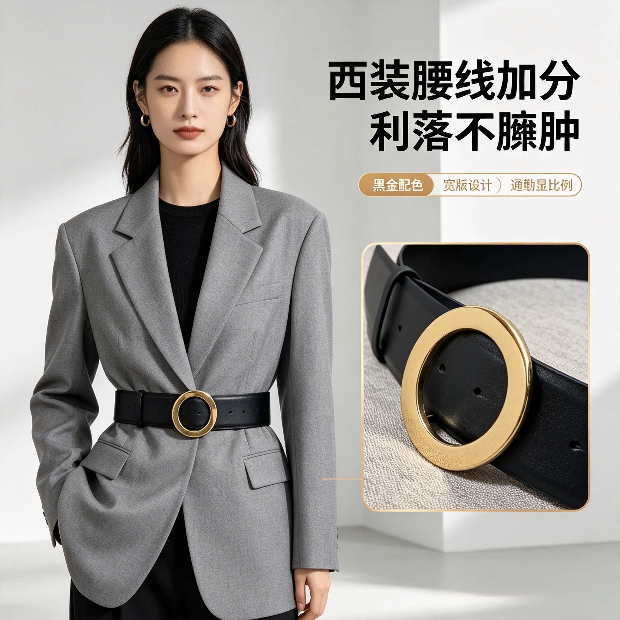 轻奢金色大圆扣宽腰带女真皮质感百搭风衣连衣裙收腰显瘦装饰腰封