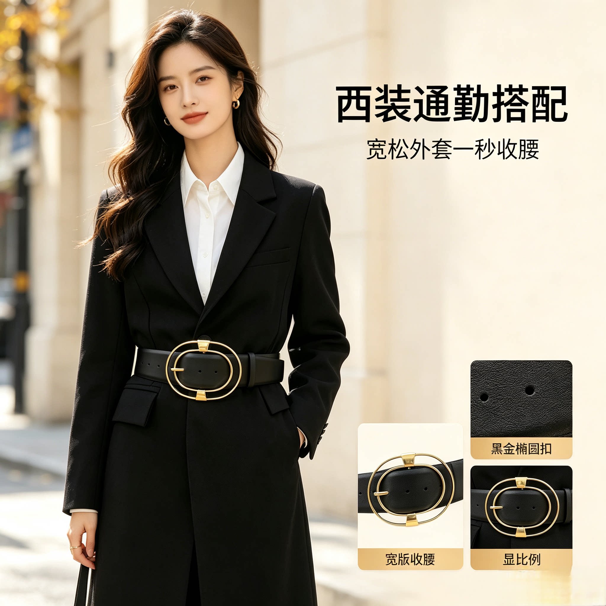 轻奢双圆环金扣宽版腰封女士黑色真皮腰带大衣连衣裙收腰配饰皮带