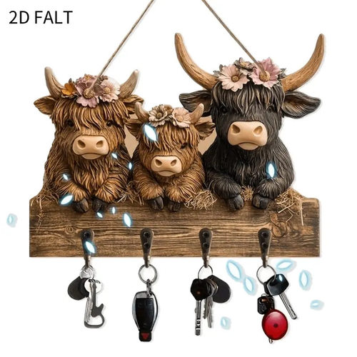 跨境新品Highland Cow Key Holder for Wall高地牛木制钥匙架装饰