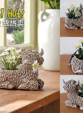 跨境新款高原牦牛花盆树脂摆件家居客厅桌面多肉植物花盆装饰礼物