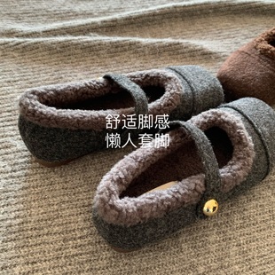 斑鸠灰~INS显白柔和高级感毛毛鞋仙女风露思款玛丽珍鞋加绒棉鞋冬