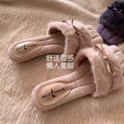 韩版ins女外穿蝴蝶结毛毛拖鞋