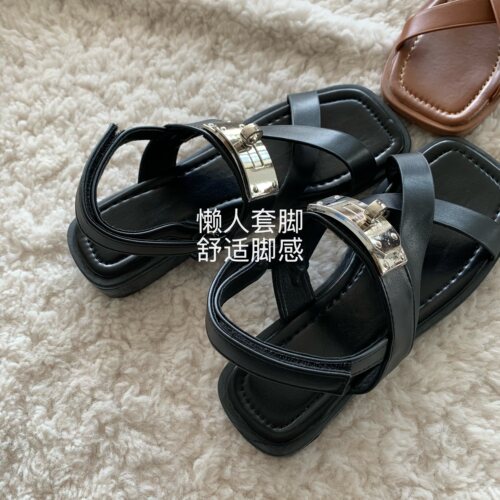 韩国ins夏一字式魔术贴凉鞋女