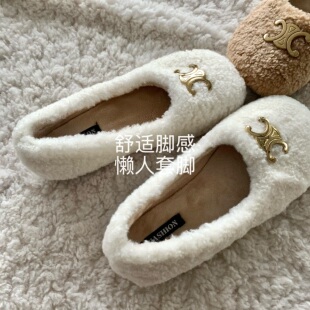 绒绒奶貂~INS小众简约毛毛鞋女高级感环保皮草凯旋门加绒玛丽珍冬
