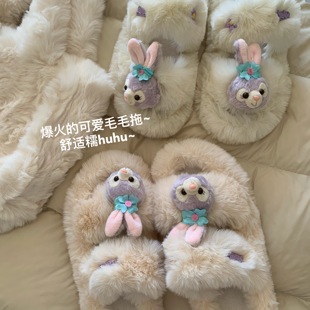 自留奶呼呼~INS毛毛拖鞋女2026秋冬外穿可爱学生白色绒绒一字拖潮