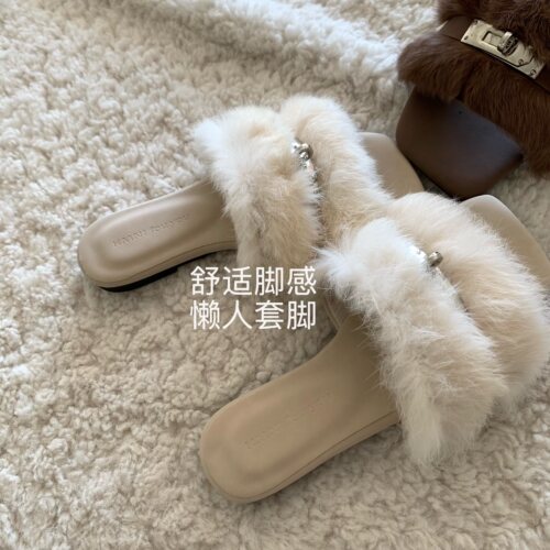 自留温柔奶兔~INS真兔毛蓬松高级感显瘦毛毛拖鞋女秋冬外穿一字拖