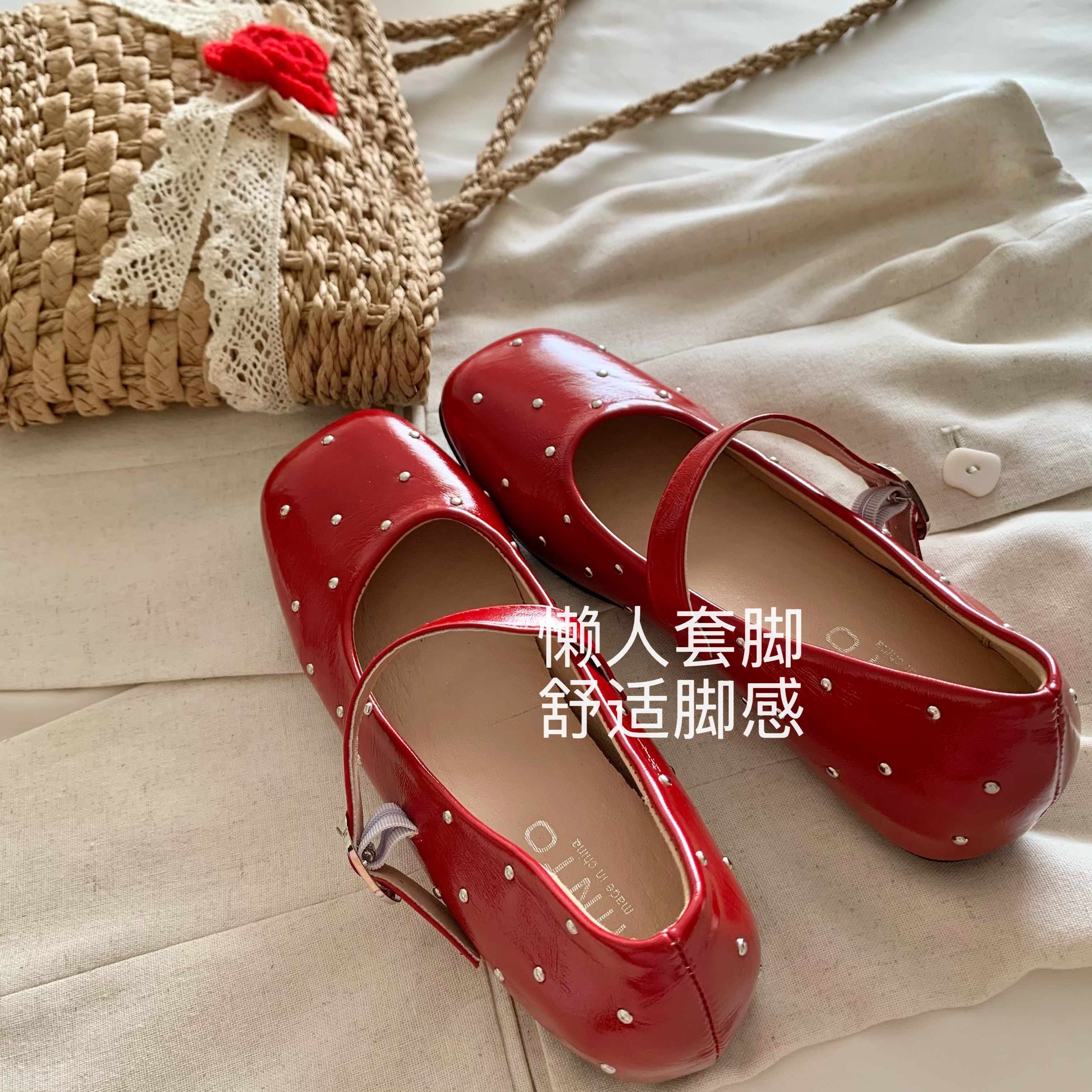 宝石红~满天星铆钉芭蕾小单鞋INS法式复古仙女一字带浅口玛丽珍鞋