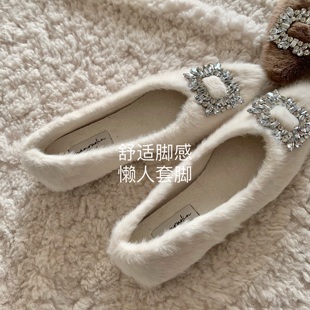 富家千金貂~INS贵气高级感奶油白毛毛鞋女秋冬加绒温柔水钻乐福鞋